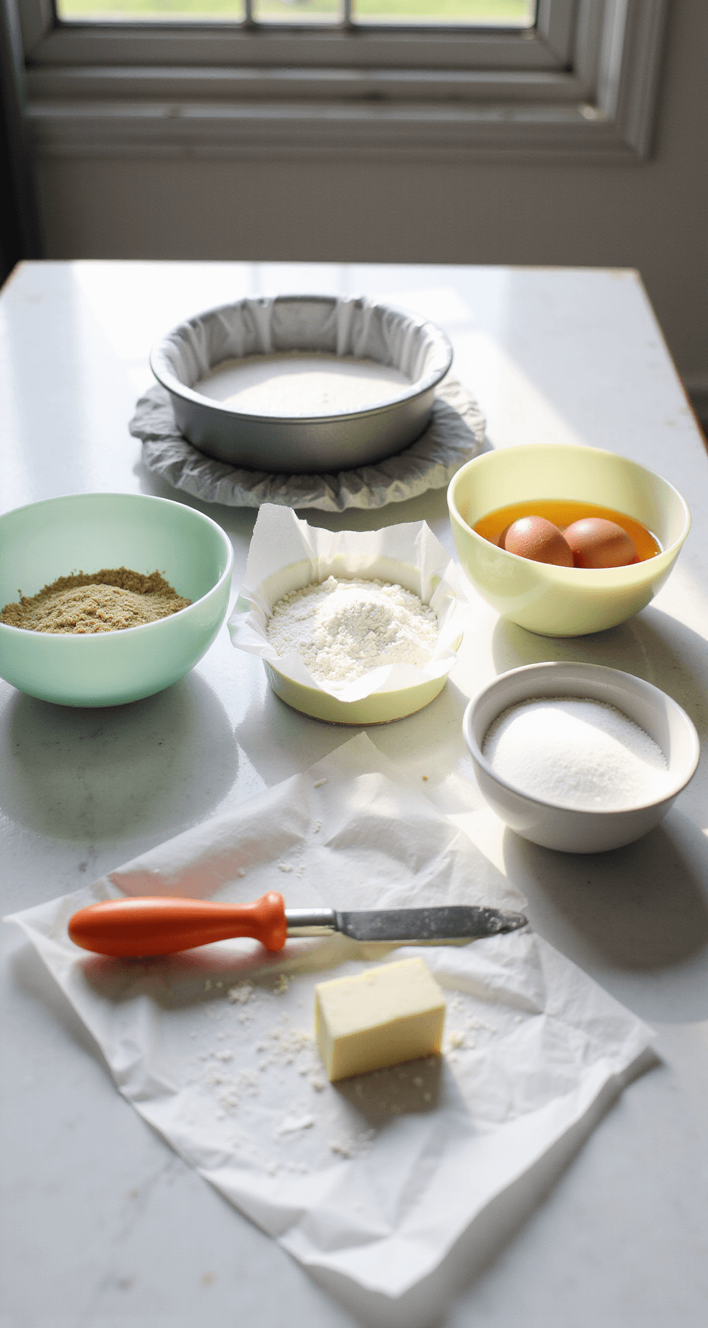 Aesthetic Bento Cake: The Ultimate Guide to Creating Adorable Mini Masterpieces A sunlit modern kitchen countertop with neatly arranged pastel mixing bowls of flour, sugar, and eggs, a lined cake pan, and melting butter, illuminated by natural light.