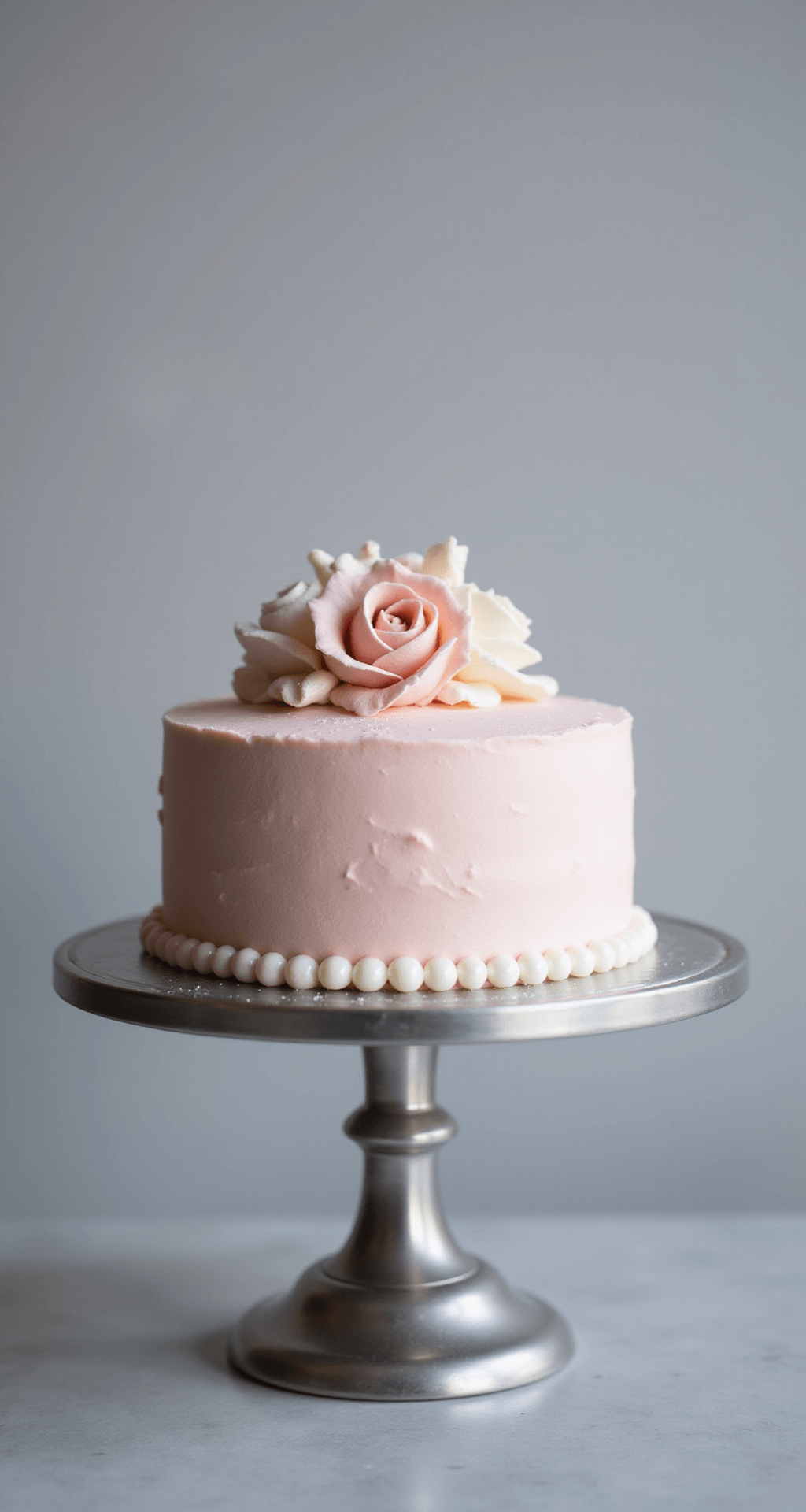Aesthetic Bento Cake: The Ultimate Guide to Creating Adorable Mini Masterpieces An elegant 4-inch bento cake with smooth pastel pink buttercream, adorned with white piped flowers and tiny sugar pearls, rotating on a silver turntable against a grey backdrop, captured in soft studio lighting.