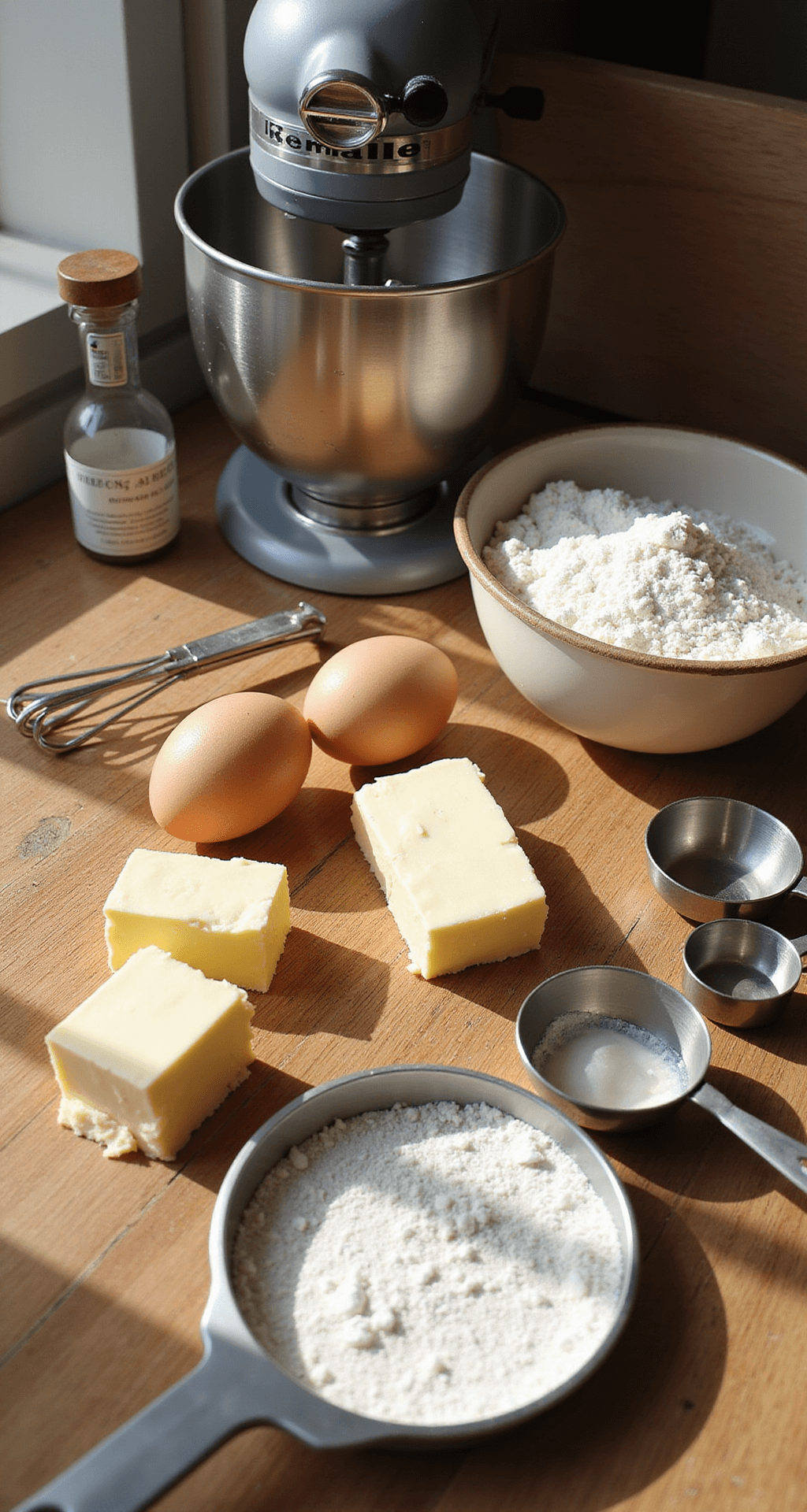 Adorable Bentô Cakes: The Ultimate Romantic Dessert Surprise A bright kitchen workspace featuring organized baking ingredients like fresh eggs, flour, butter, and sugar, with a polished electric mixer and gleaming measuring cups beside specialized cake pans, all illuminated by warm lighting next to a handwritten recipe.
