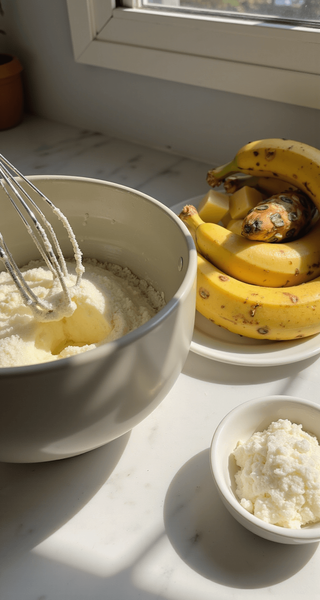 HAWAIIAN BANANA BREAD: TROPICAL PARADISE IN A LOAF Close-up of a mixing bowl with creamy butter and sugar being whipped to a fluffy consistency, surrounded by ripe bananas, fresh pineapple chunks, and coconut shreds, illuminated by soft morning light in a warm kitchen.