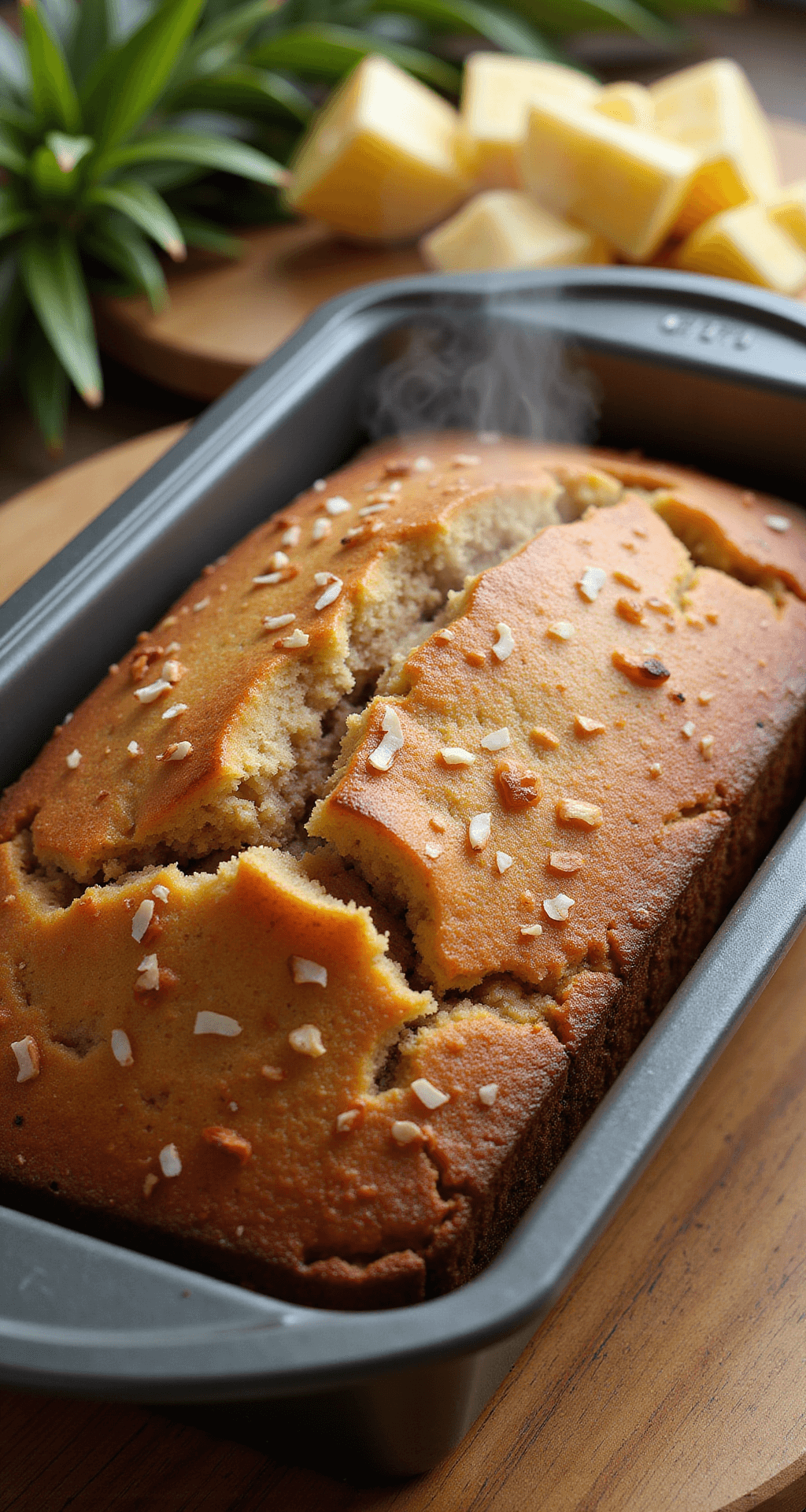 HAWAIIAN BANANA BREAD: TROPICAL PARADISE IN A LOAF Golden-brown Hawaiian banana bread in a greased loaf pan, topped with toasted coconut flakes and steaming, with tropical elements like palm leaves and fresh pineapple in the background.