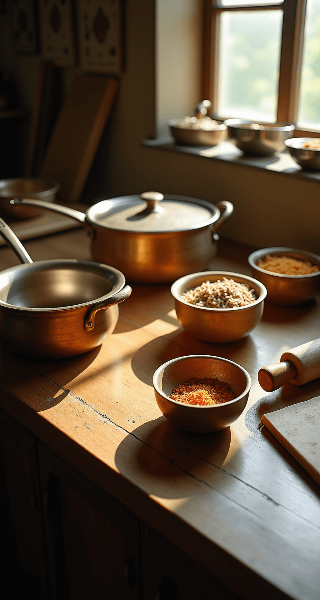 Ultimate Guide to Indian Desserts: Delicious Traditions in Your Kitchen A sunlit traditional Indian kitchen featuring brass and copper utensils on wooden counters, gleaming saucepans, and small brass bowls with cardamom, saffron, and nuts, alongside a marble rolling pin and chakla, evoking a professional yet homely ambiance.