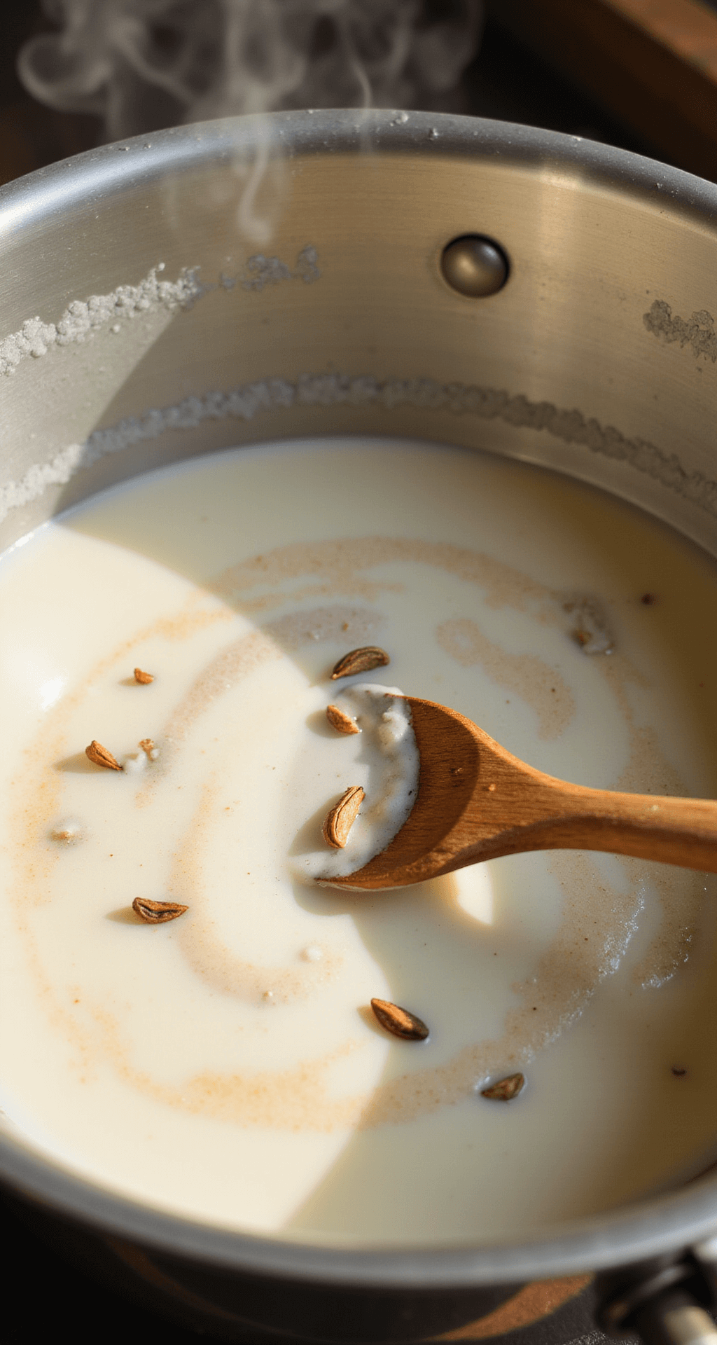 Ultimate Guide to Indian Desserts: Delicious Traditions in Your Kitchen Close-up of a heavy-bottomed silver pan with reducing milk, featuring swirls of cream, rising steam in golden light, a wooden spatula making patterns, floating cardamom pods, and caramelized edges indicative of kheer preparation.
