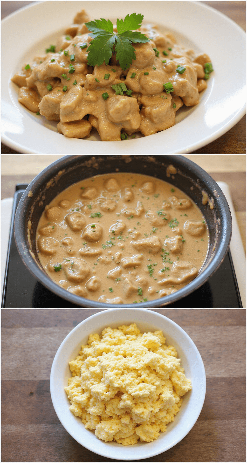Beef Stroganoff: A Creamy, Savory Skillet Sensation A close-up of a pan filled with creamy stroganoff sauce, showcasing tender strips of beef and mushrooms simmering in a rich, flavorful brown gravy, garnished with fresh parsley.