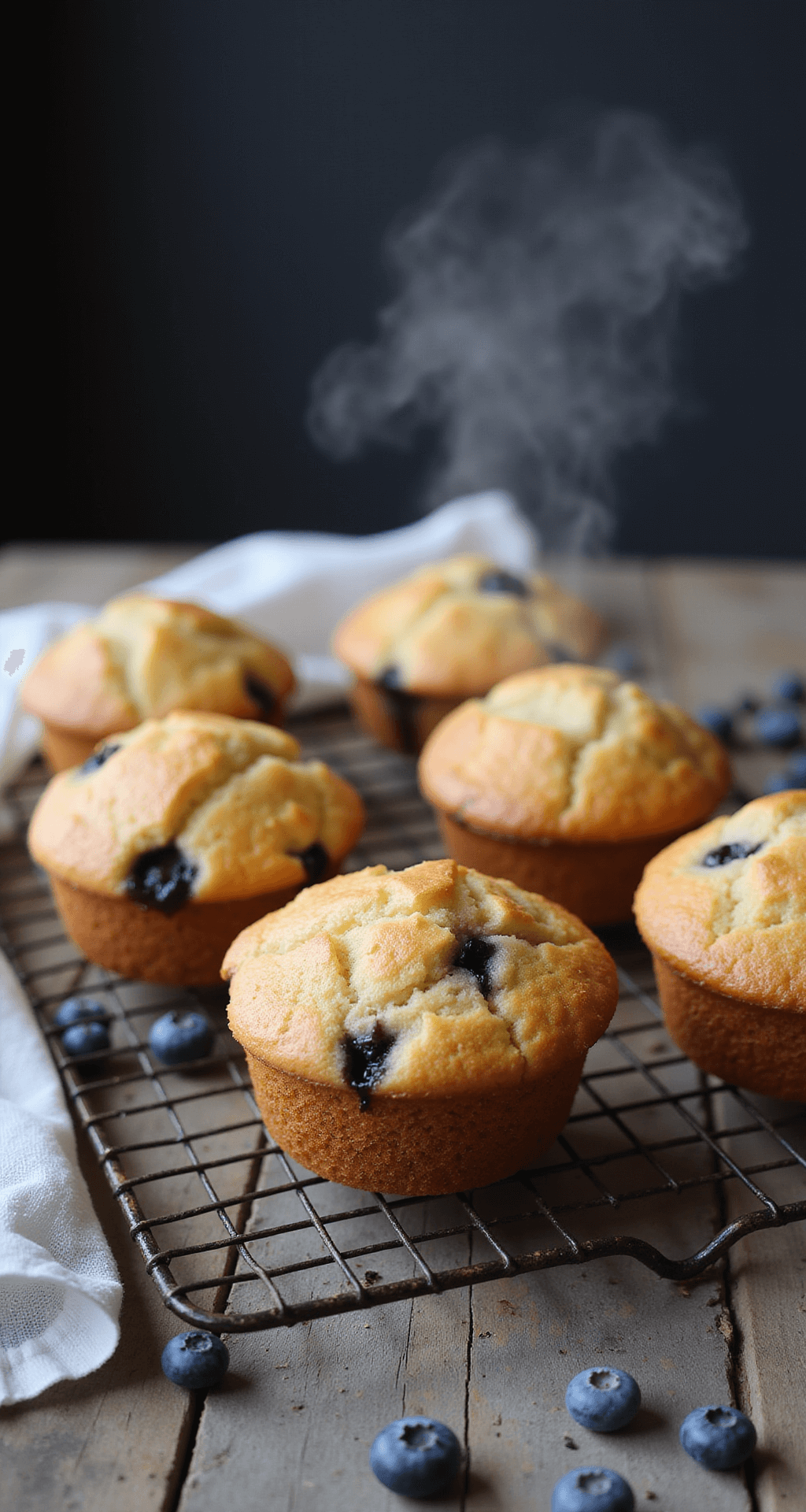 Ultimate Breakfast Muffins: Your Go-To Morning Game-Changer Golden muffins with steam rising, cooling on a rustic wire rack, surrounded by fresh blueberries and a vintage tea towel.