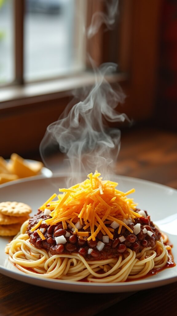 Cincinnati Chili: Authentic Midwestern Comfort Food Overhead view of a plate with Cincinnati chili 5-way, showcasing spaghetti, meat sauce, cheddar cheese, onions, and kidney beans, garnished with oyster crackers.