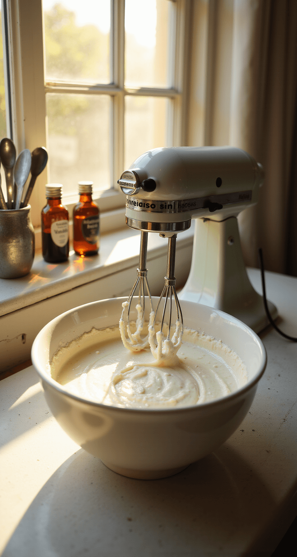 Cheesecake Fruit Salad - Creamy, Dreamy, and Absolutely Irresistible! Close-up of cream cheese being whipped in a white ceramic bowl, with a vintage electric mixer nearby, measuring spoons, and vanilla extract bottles blurred in the background, illuminated by golden afternoon light.