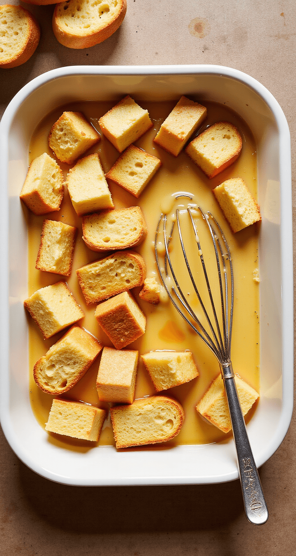 French Toast Breakfast Casserole: The Ultimate Make-Ahead Morning Marvel Overhead view of brioche bread cubes being pressed into a amber custard mixture in a butter-glazed ceramic baking dish, with a whisk nearby.