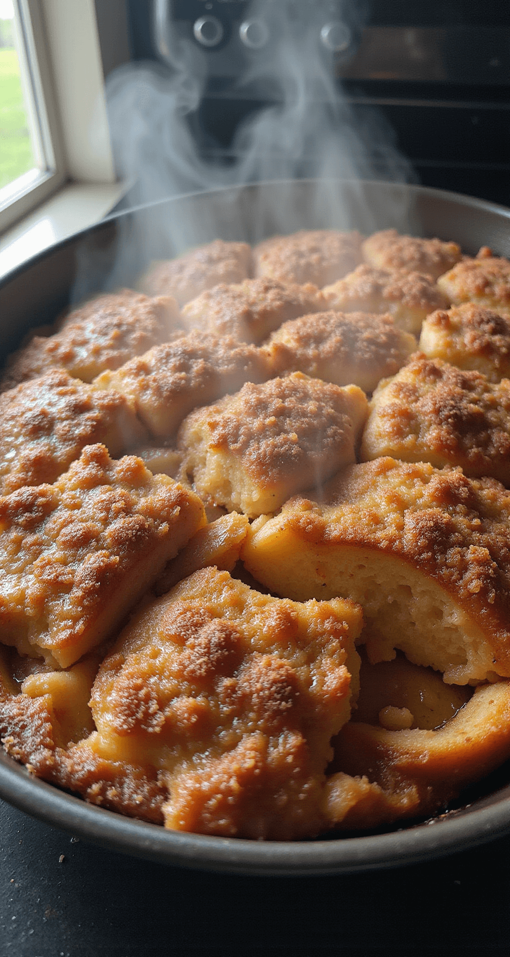 French Toast Breakfast Casserole: The Ultimate Make-Ahead Morning Marvel A freshly baked French toast casserole, steaming and golden brown with a caramelized streusel topping, reveals layers of custard-soaked bread beneath, illuminated by natural morning light.