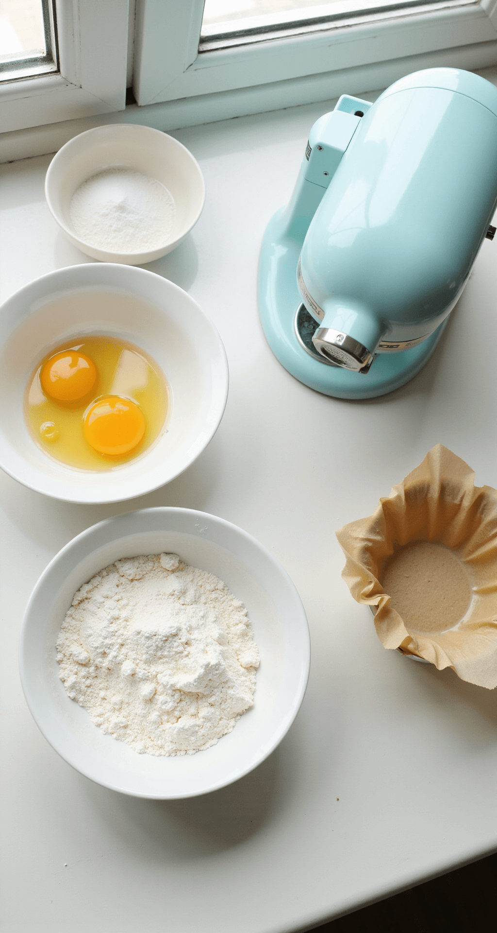KOREAN BENTO CAKE: ADORABLE MINI CELEBRATION IN A BOX Overhead view of a minimalist kitchen work area displaying neatly arranged baking ingredients, including measuring bowls of flour, room temperature eggs, and sugar. Sunlight illuminates white mixing bowls, a pastel blue electric mixer, and 4-inch round cake pans with parchment paper.