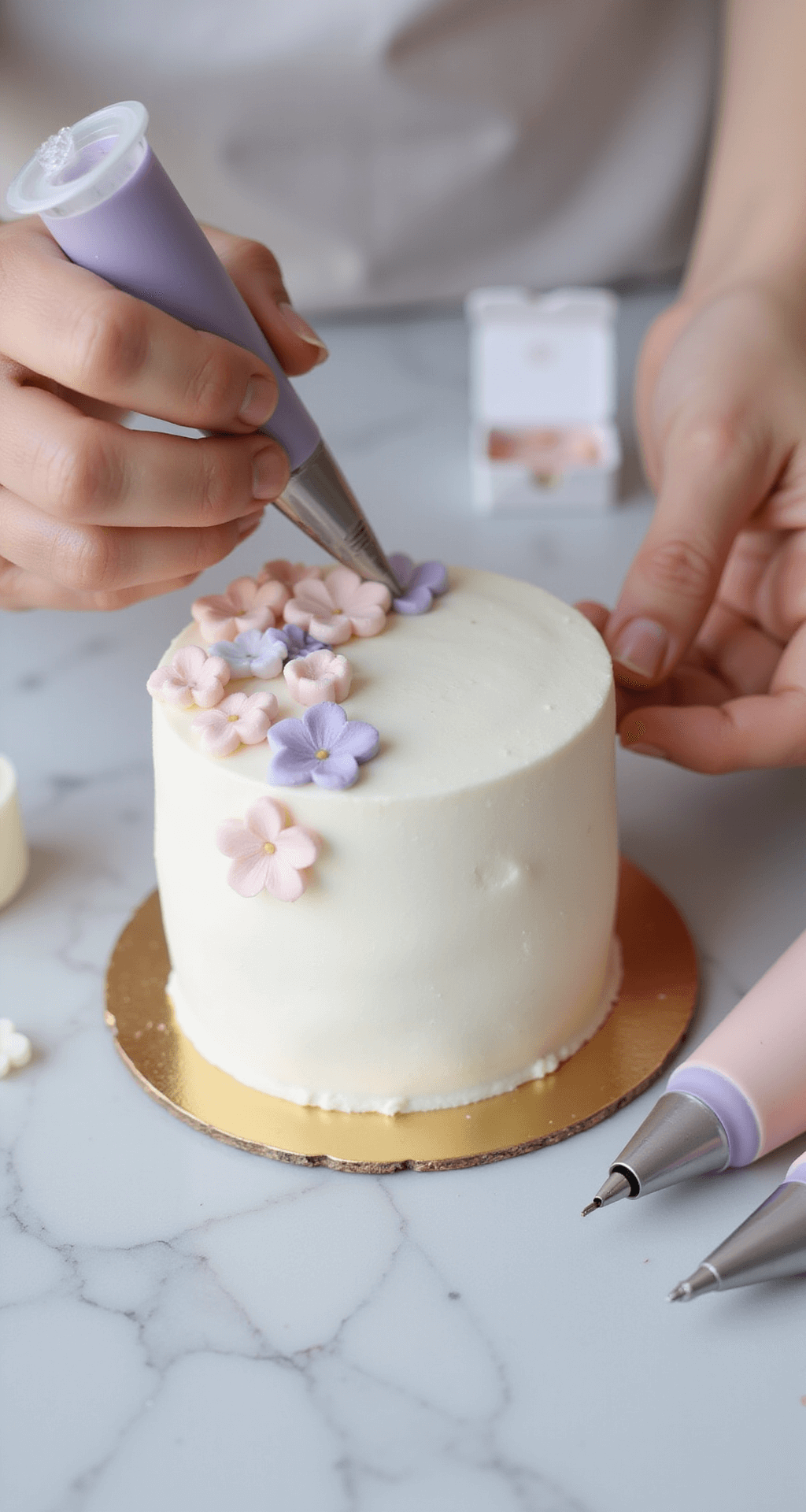 KOREAN BENTO CAKE: ADORABLE MINI CELEBRATION IN A BOX Close-up of hands piping floral designs onto a small, frosted bento cake with pearl-white buttercream and pastel accents, surrounded by piping tools on a marble counter, with soft lighting highlighting its details.