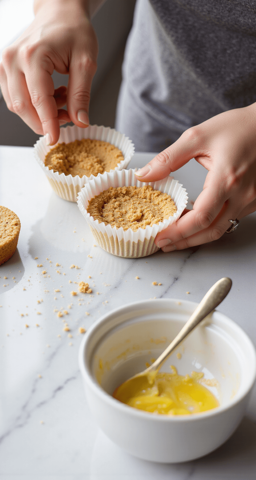 Irresistible Strawberry Cheesecake Cupcakes: A Decadent Dessert Fusion Hands pressing graham cracker crust into cupcake liners with soft lighting, ingredients nearby.