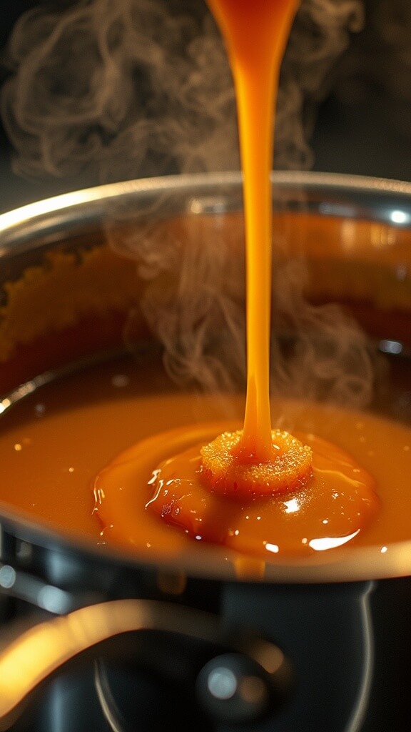 Salted Caramel Brownies: The Ultimate Fudgy Chocolate Indulgence Close-up of glossy caramel bubbling in a saucepan as butter is added, highlighted by warm lighting and rising steam.