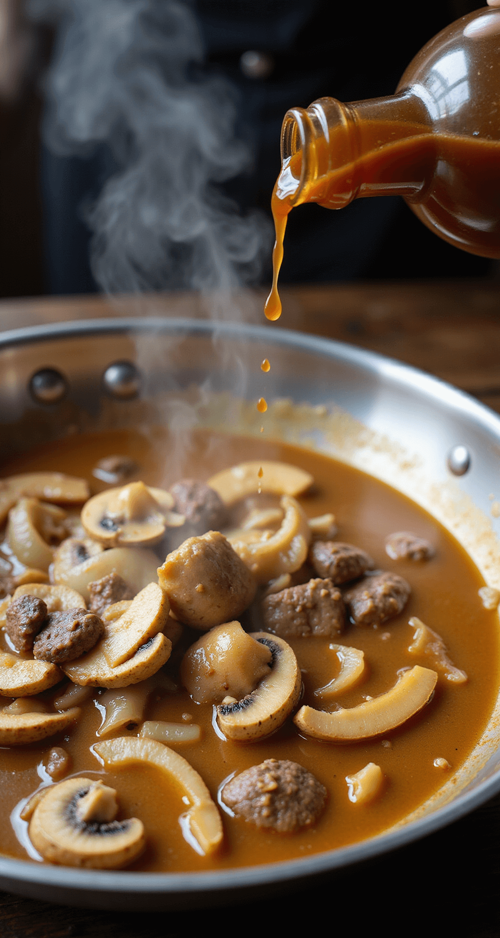 Beef Stroganoff: A Creamy, Savory Skillet Sensation A stainless steel skillet fills with golden-brown mushrooms and translucent onions in a rich sauce, with steam rising and cream swirling into amber beef broth as Worcestershire sauce pours from a classic bottle, all illuminated by warm restaurant kitchen lighting.