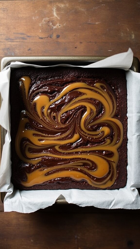 Salted Caramel Brownies: The Ultimate Fudgy Chocolate Indulgence Overhead shot of brownie batter swirled with caramel in a parchment-lined pan, showcasing rich, glossy textures.