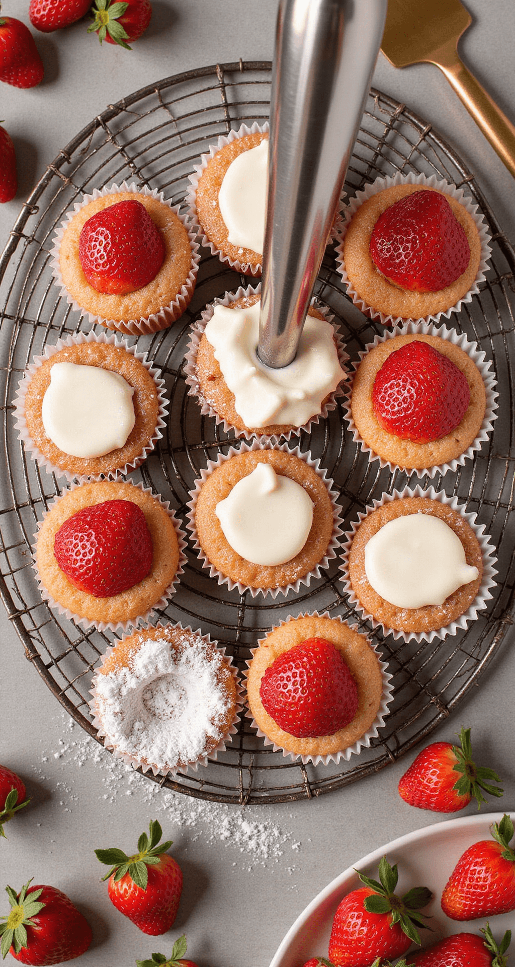 Irresistible Strawberry Cheesecake Cupcakes: A Decadent Dessert Fusion Overhead view of strawberry cupcakes being filled with cheesecake mixture on a vintage wire rack, surrounded by fresh strawberries and powdered sugar.