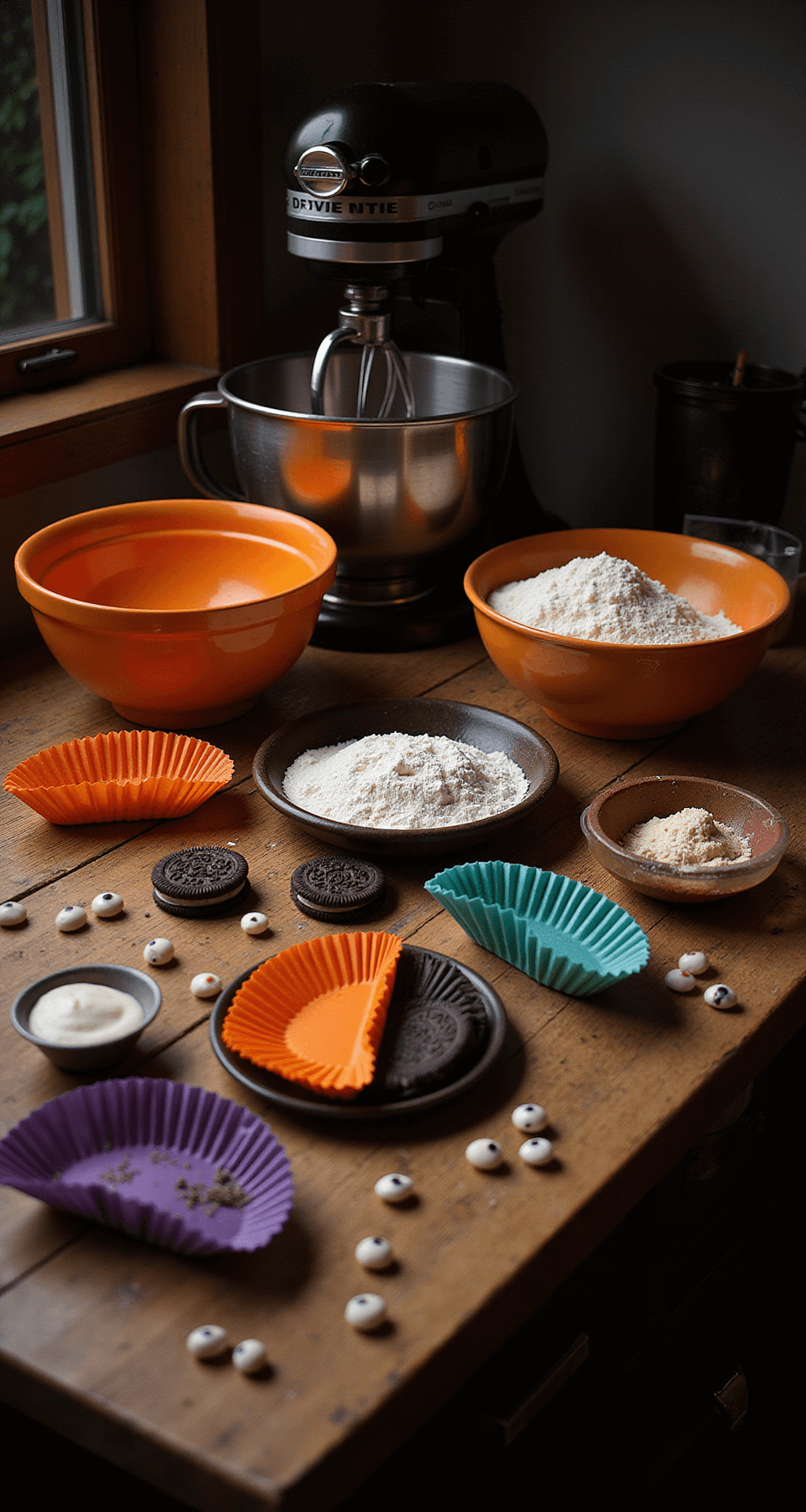 Easy Halloween Cupcake Designs (No Baking Experience Required!) A cozy kitchen scene lit by warm lights displaying an assortment of Halloween baking ingredients and tools, including mixing bowls, a stand mixer, cupcake liners, and spooky decorations like candy eyeballs and mini Oreos.