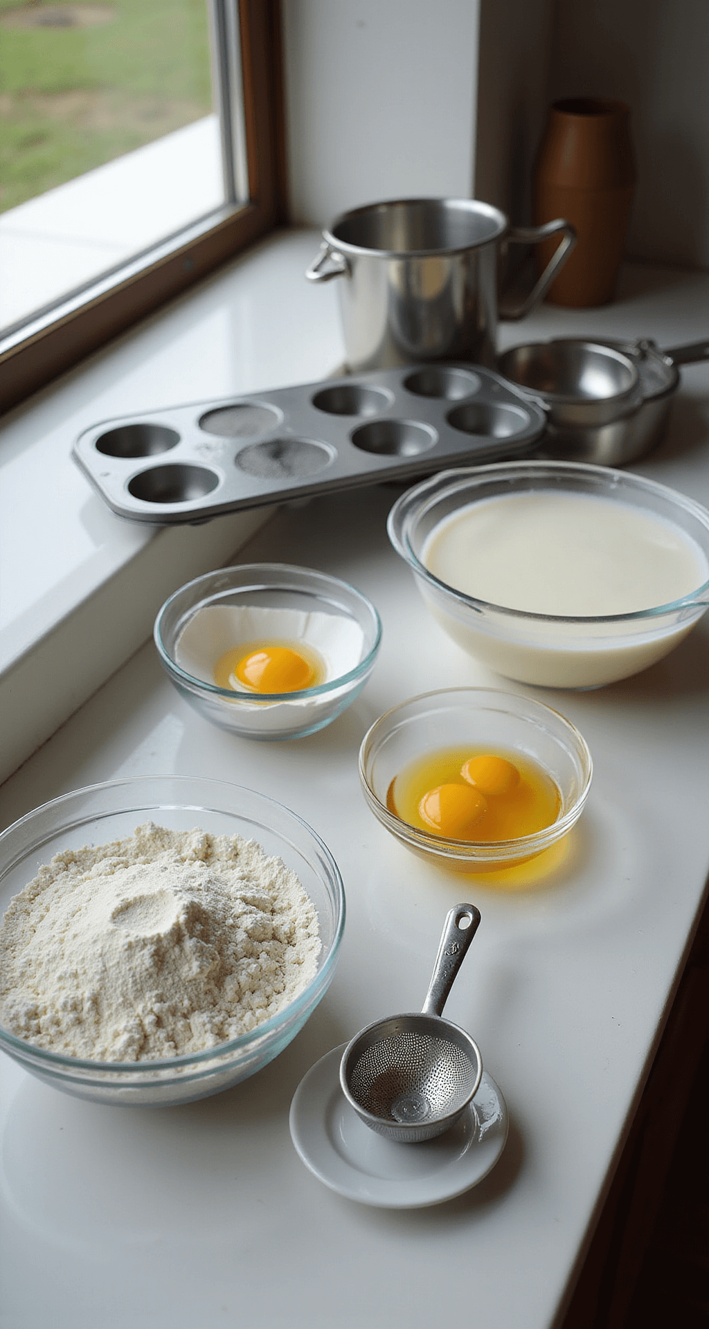KOREAN EGG BREAD (GYERAN-PPANG): STREET FOOD MAGIC IN YOUR KITCHEN A modern kitchen countertop bathed in morning sunlight, featuring neatly arranged ingredients for Korean egg bread in glass bowls, including flour, sugar, eggs, and milk, alongside a shiny muffin tin and professional baking tools like measuring cups, a whisk, and a sifting tool.