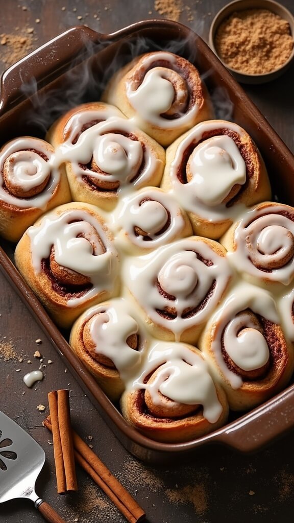 Classic Homemade Cinnamon Rolls with Cream Cheese Frosting Overhead view of freshly baked cinnamon rolls with cream cheese frosting in a rustic dish, steam rising, surrounded by cinnamon sticks, brown sugar, and a vintage spatula.