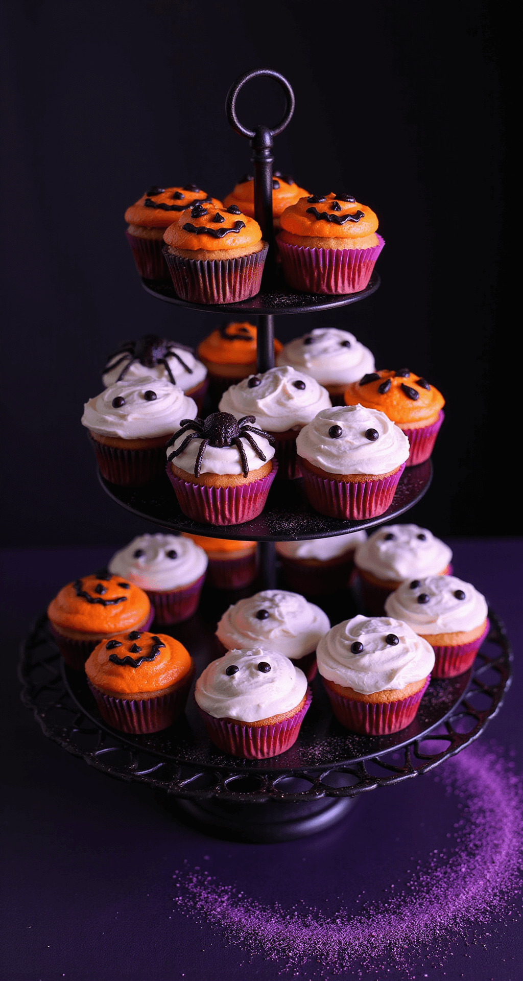 Easy Halloween Cupcake Designs (No Baking Experience Required!) Overhead view of Halloween cupcakes on tiered stand, featuring spider, mummy, and jack-o'-lantern designs, with purple lighting and edible glitter.