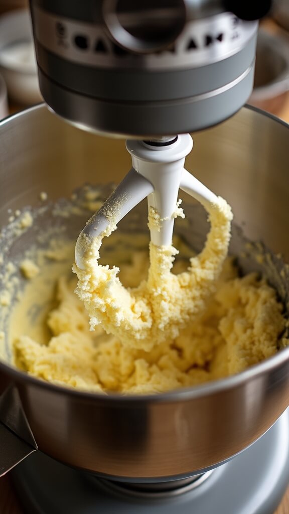 White Chocolate Cranberry Cookies Golden butter and sugar being whipped in a stand mixer, creating a fluffy pale yellow mixture in a stainless steel bowl, with baking ingredients softly blurred in the background.