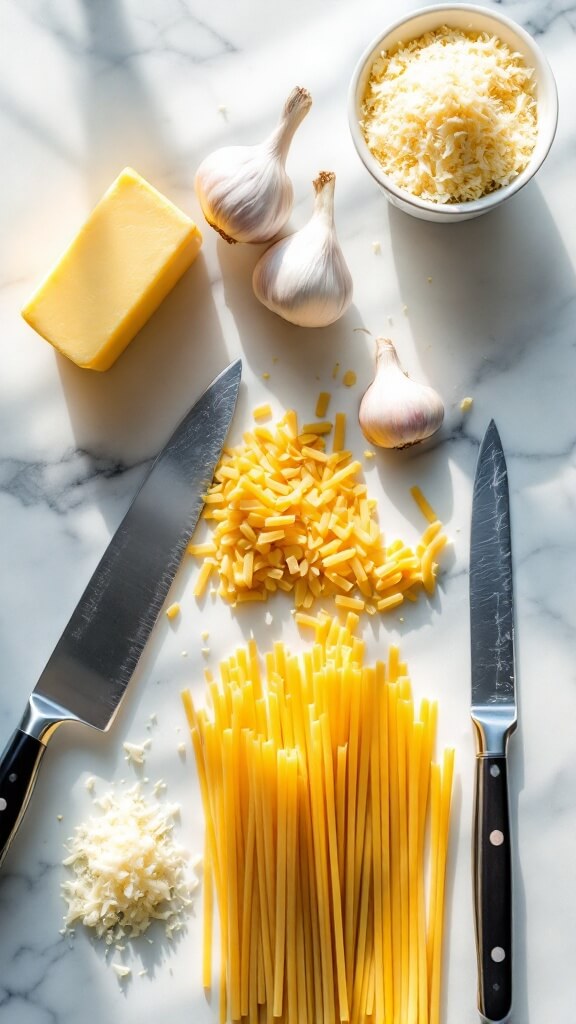 Garlic Parmesan Pasta (Quick & Creamy One-Pot Recipe) Overhead view of a kitchen counter with organized ingredients: a block of butter, garlic bulbs, grated Parmesan, and dried pasta on marble, with a chef's knife beside minced garlic, all lit by natural window light.