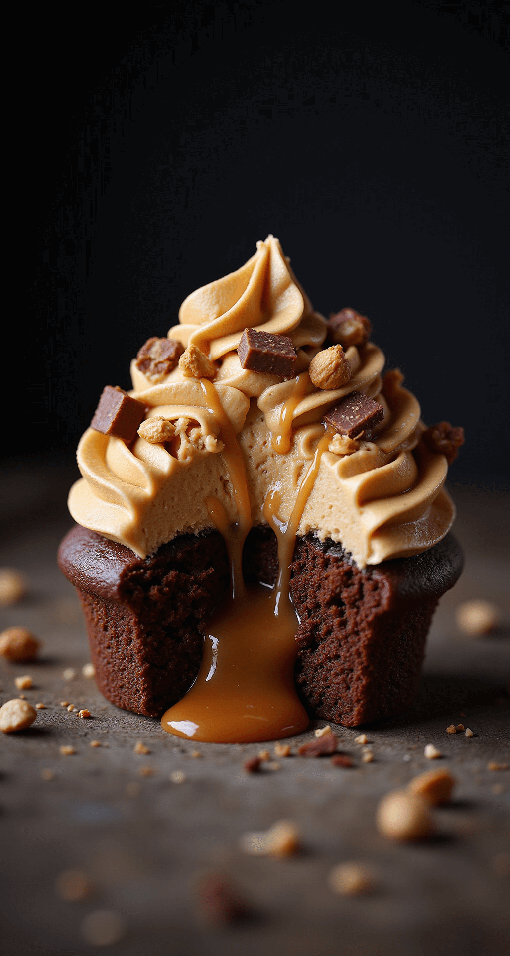Decadent Snickers Cupcakes: A Chocolate Lover's Dream Extreme close-up of a Snickers cupcake with peanut butter frosting, caramel drizzle, Snickers chunks, and peanuts, set against a dark background. The cut-away view shows caramel flowing from the chocolate cake center.