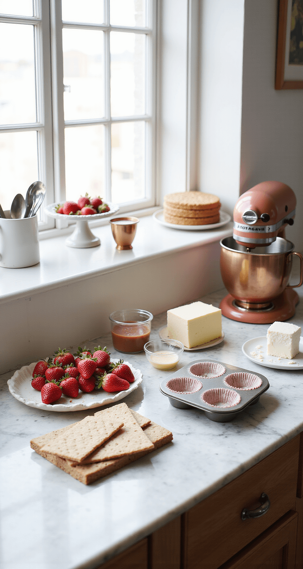 Strawberry Cheesecake Cupcakes: A Decadent Dessert Delight Professional kitchen scene with natural light, featuring vibrant strawberries, cream cheese, graham crackers, measuring tools, a copper stand mixer, vintage cupcake liners, and a muffin tin on a marble countertop.