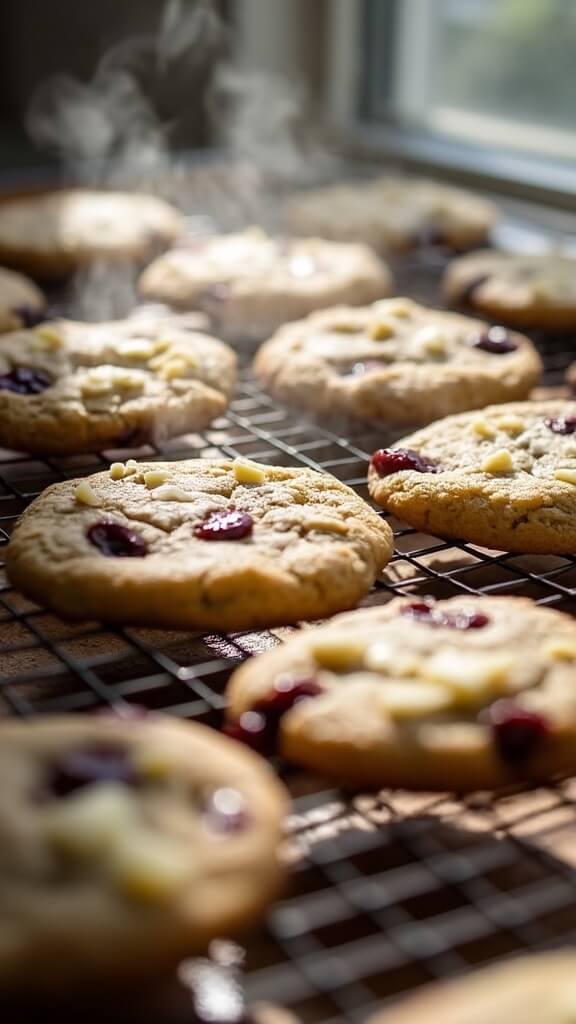 White Chocolate Cranberry Cookies Freshly baked white chocolate cranberry cookies cooling on a wire rack, with steam rising and golden-brown edges revealing melted white chocolate and cranberries, under natural window light.
