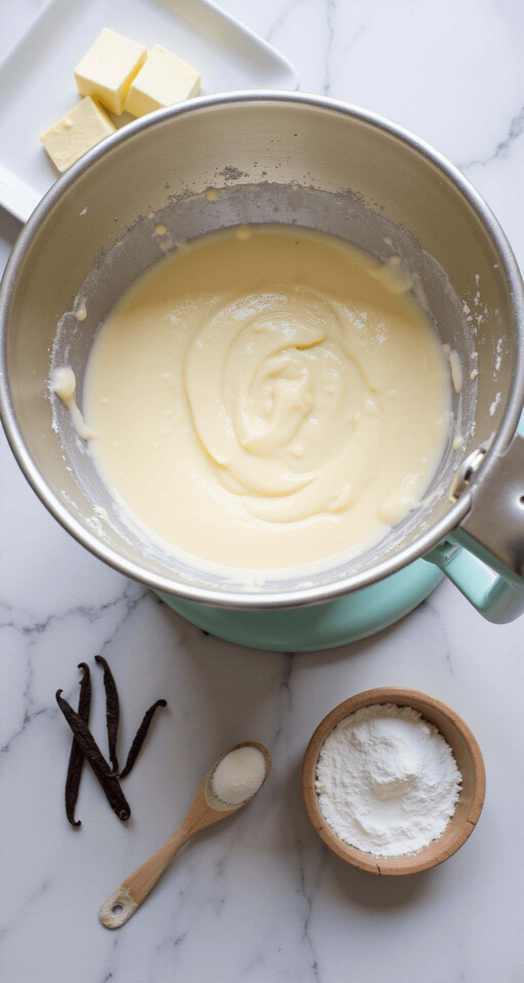 Ultimate Classic New York Cheesecake: Creamy, Dreamy, and Totally Irresistible Overhead view of a stand mixer bowl with cream cheese filling, surrounded by ingredients on a marble countertop, with natural light highlighting the scene.