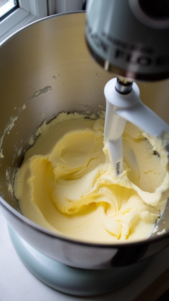 Classic Buttery Shortbread Cookies Close-up of a stainless steel stand mixer bowl with paddle attachment creaming smooth, pale yellow butter, illuminated by soft natural light from the left.