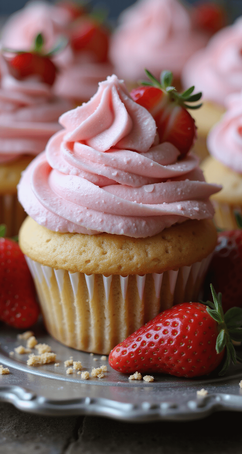 Strawberry Cheesecake Cupcakes: A Decadent Dessert Delight Close-up of a strawberry cheesecake cupcake with swirled pink frosting on an antique silver dessert plate, surrounded by fresh strawberry slices and graham cracker crumbs, with a blurred background of additional cupcakes.