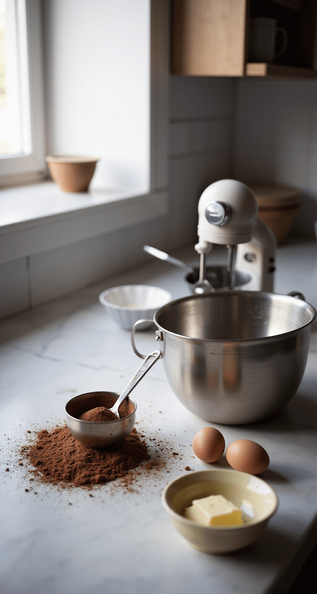 Snickers Cupcakes: The Ultimate Chocolate-Caramel-Peanut Indulgence A well-organized professional kitchen with ingredients for chocolate cupcakes on a marble countertop, featuring sifted cocoa powder, a vintage electric mixer, eggs, butter, measuring cups, mixing bowls, and a lined muffin tin, all illuminated by soft natural light.