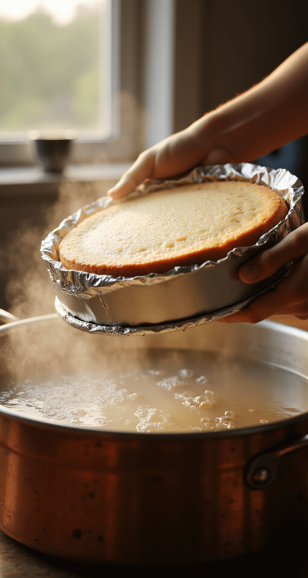 Ultimate Classic New York Cheesecake: Creamy, Dreamy, and Totally Irresistible Close-up of a cheesecake being lowered into a copper pan with steaming water, in warm afternoon light with condensation droplets visible.