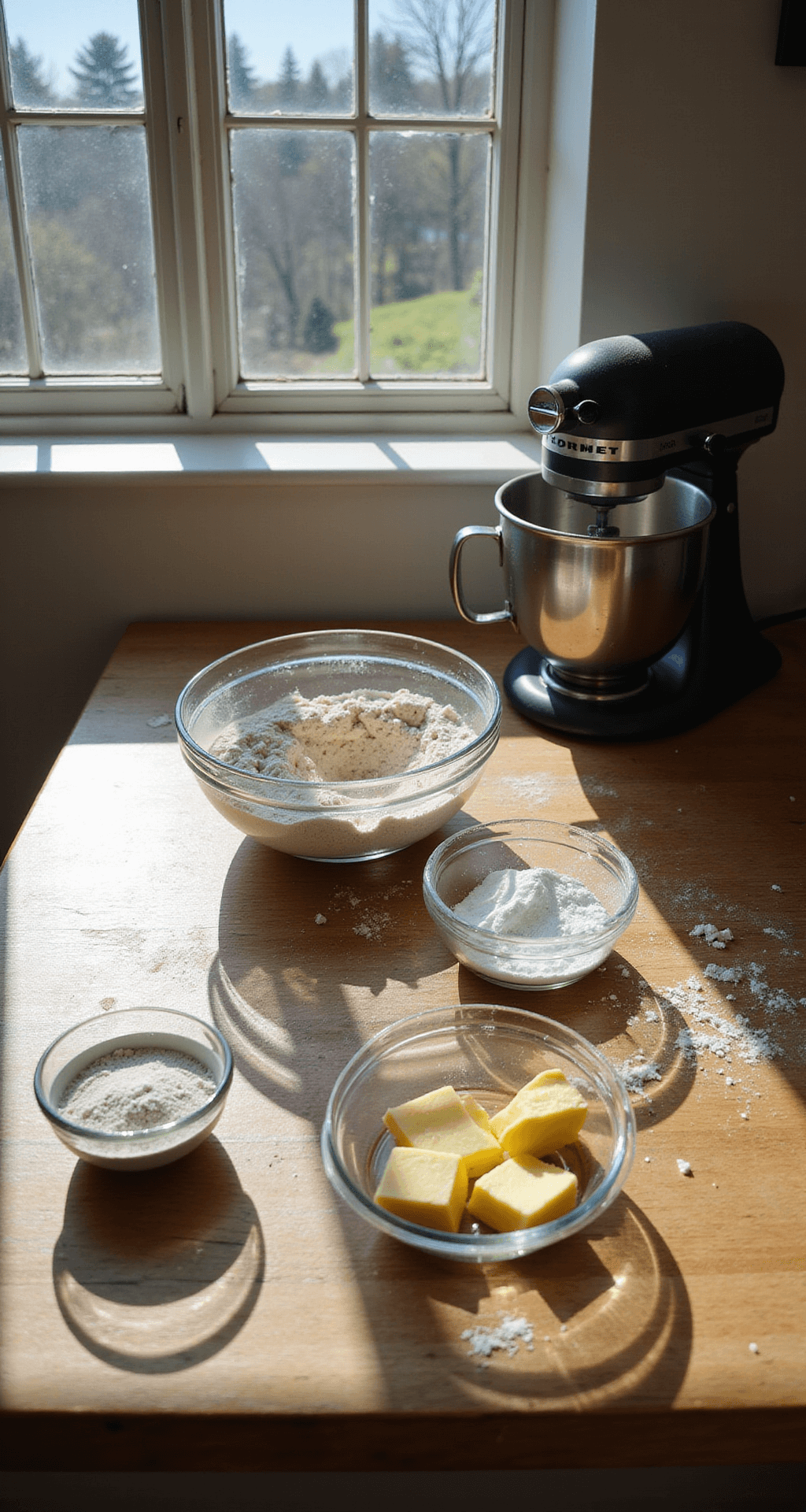 Cinnamon Streusel Coffee Cake: A Bakery-Style Breakfast Delight Sunlit kitchen counter with baking ingredients in glass bowls, vintage mixer, and rustic dusting of flour.