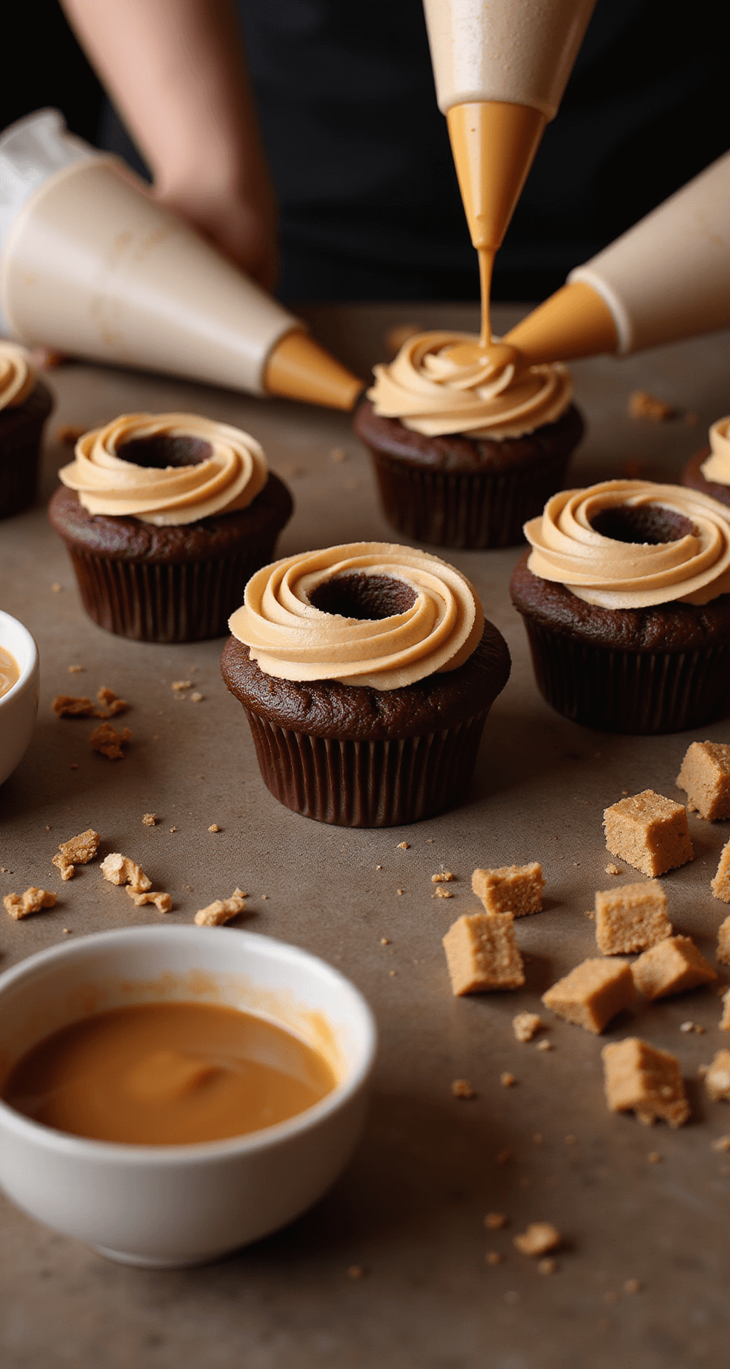 Snickers Cupcakes: The Ultimate Chocolate-Caramel-Peanut Indulgence Close-up of a cupcake assembly station featuring a cored chocolate cupcake, piping bags of peanut butter frosting, chopped Snickers bars, and a pot of glistening caramel sauce, all illuminated by warm lighting.