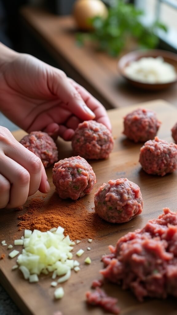Authentic Swedish Meatballs with Creamy Gravy Hands shaping Swedish meatballs on a wooden board with raw meat, onions, and spices nearby, illuminated by natural window light.
