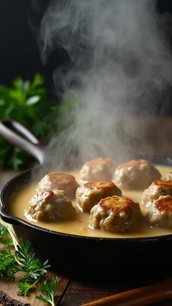 Authentic Swedish Meatballs with Creamy Gravy Atmospheric image of Swedish meatballs in creamy sauce bubbling in a skillet, with steam and warm lighting.