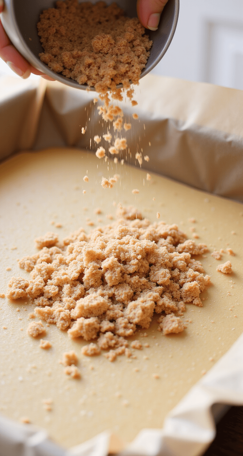 Cinnamon Streusel Coffee Cake: A Bakery-Style Breakfast Delight Hands sprinkling crumbly cinnamon streusel over coffee cake batter in a parchment-lined pan.