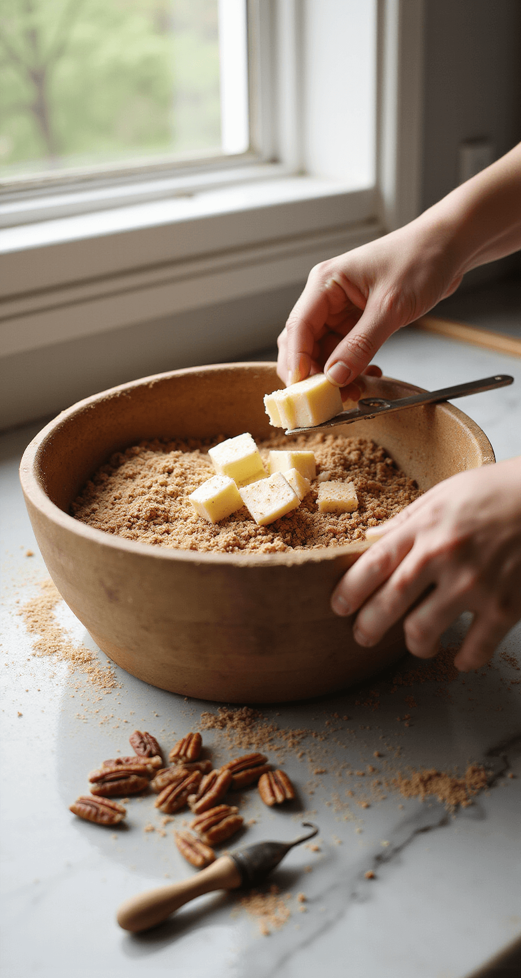 CLASSIC COFFEE CAKE: THE ULTIMATE COMFORT BREAKFAST TREAT Close-up of hands cutting cold butter into a rustic bowl of cinnamon-brown sugar and flour, with morning sunlight highlighting sugar crystals, a handful of pecans, and a vintage pastry cutter on a flour-dusted marble countertop.