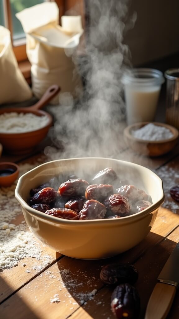 Classic Sticky Toffee Pudding Chopped dates in a ceramic bowl being soaked with hot water on a wooden countertop, surrounded by scattered baking ingredients.
