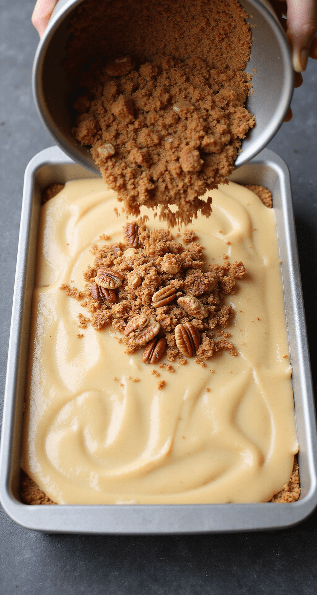 CLASSIC COFFEE CAKE: THE ULTIMATE COMFORT BREAKFAST TREAT Overhead view of a glossy 9x13 baking pan with smooth vanilla cake batter and crumbly brown sugar streusel topped with pecans, showcasing their textural contrast in professional kitchen lighting.