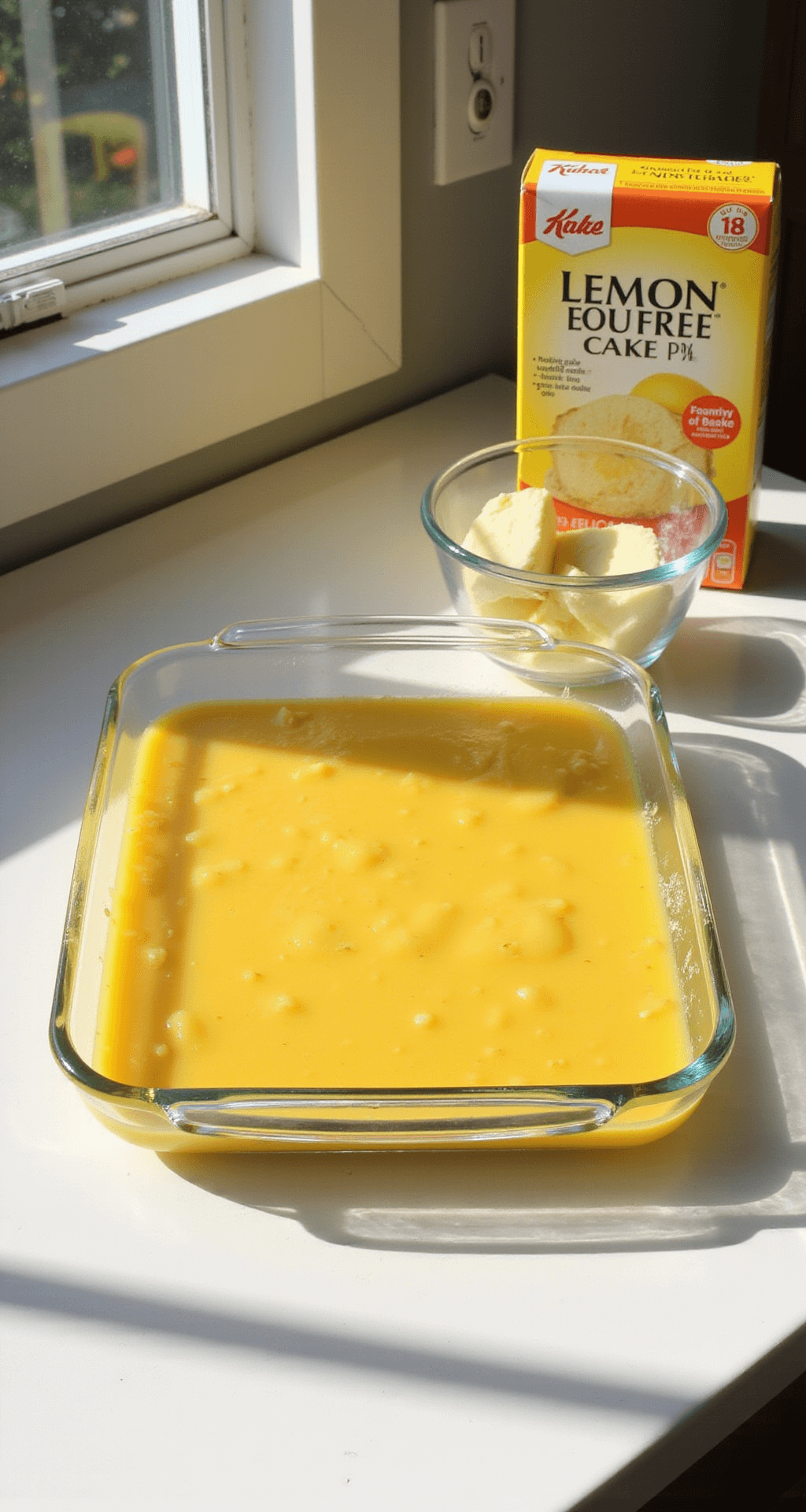 Lemon Dump Cake: The Easiest Dessert You'll Ever Make A sunlit kitchen counter with lemon pie filling in a glass dish, a box of yellow cake mix, and a melting stick of butter.