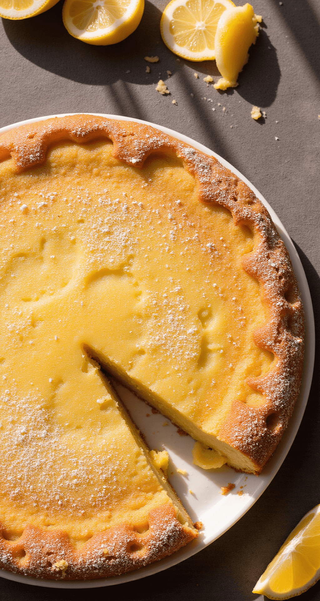 Lemon Dump Cake: The Easiest Dessert You'll Ever Make Overhead view of a freshly baked lemon dump cake with a golden-brown crust, powdered sugar dusting, and a corner piece cut to reveal oozing lemon filling.