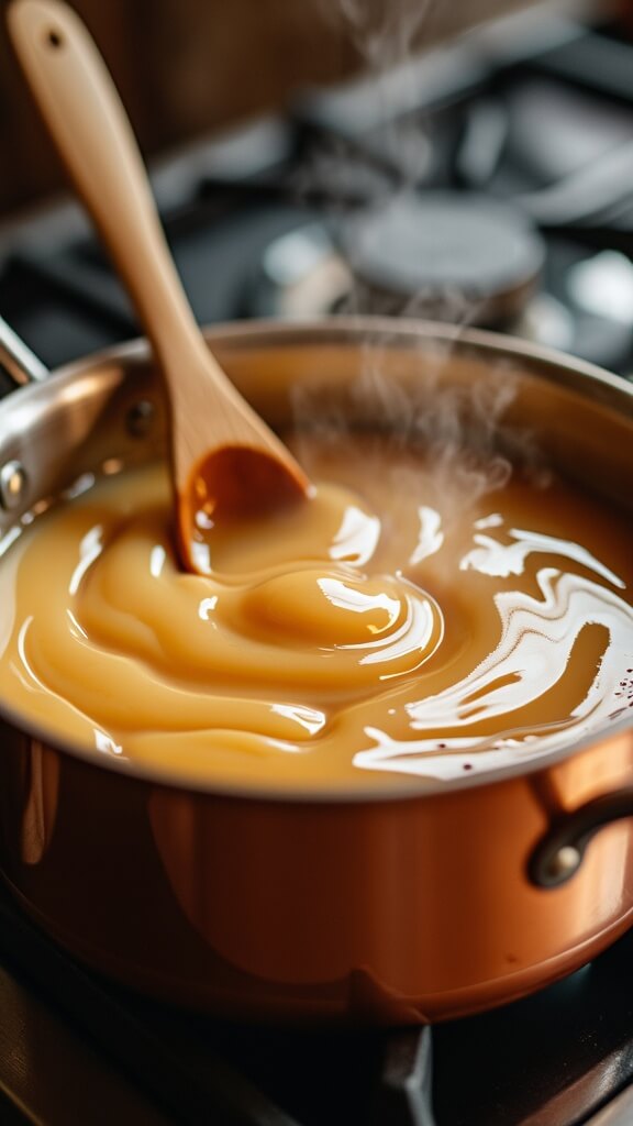 Classic Sticky Toffee Pudding A close-up of a copper saucepan with golden-brown toffee sauce, showing melting butter cubes and a wooden spoon stirring through the bubbling, caramel mixture.