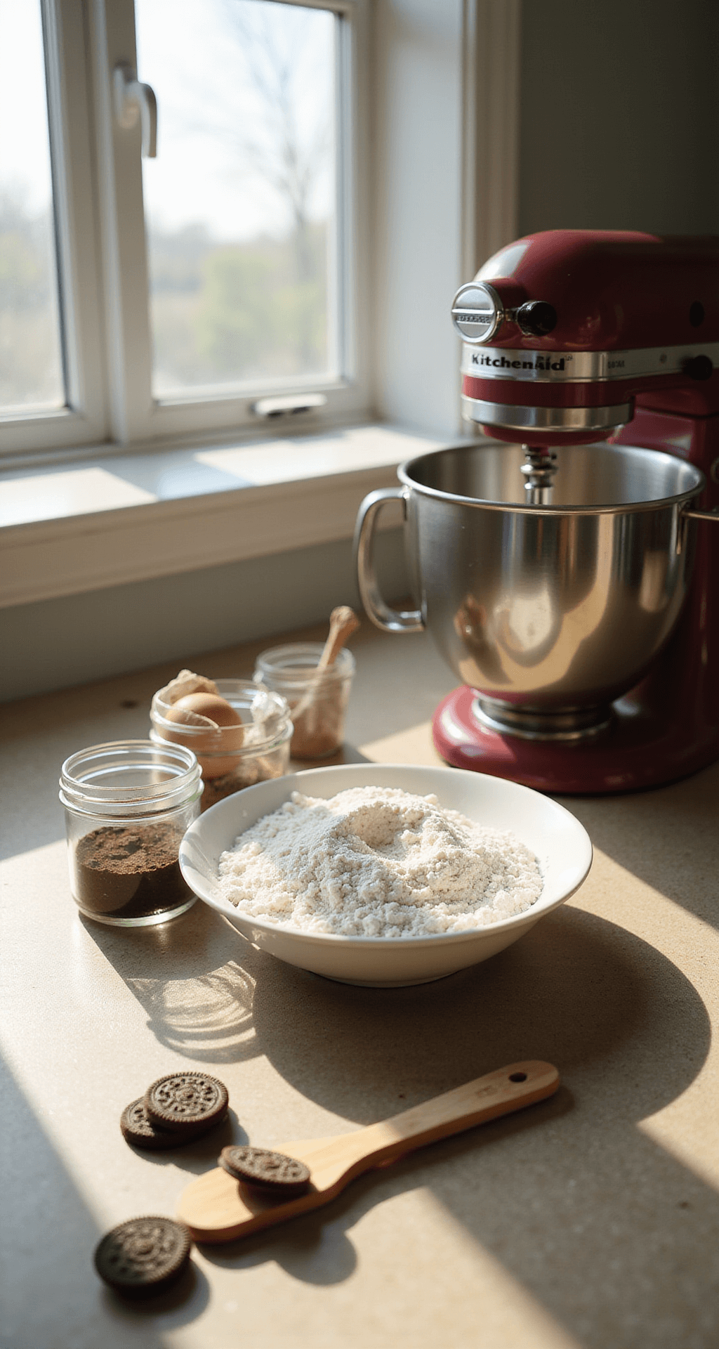 OREO CAKE: THE ULTIMATE COOKIES AND CREAM DESSERT EXPERIENCE A sunlit kitchen countertop featuring neatly arranged baking ingredients including flour, cocoa powder in jars, fresh eggs, and scattered Oreo cookies, with a KitchenAid mixer softly blurred in the background.