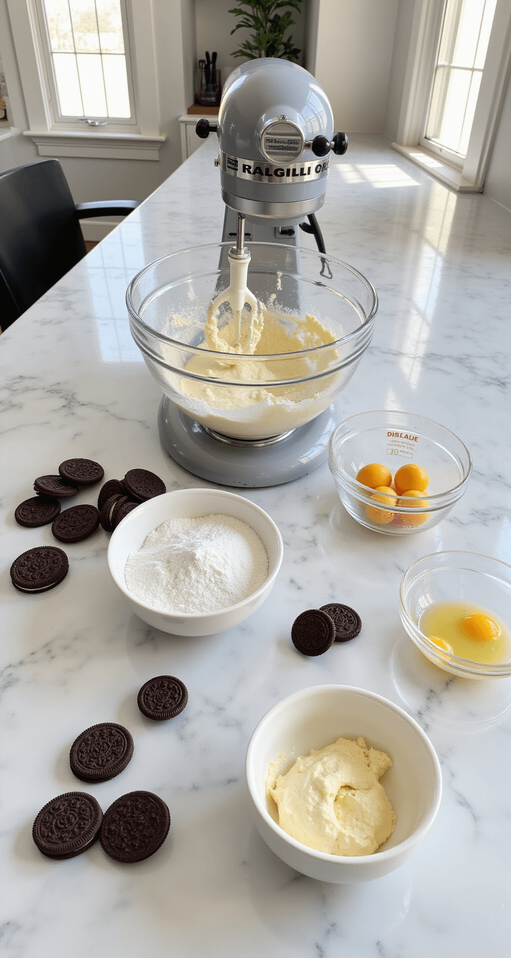 OREO CAKE: The Ultimate Cookies and Cream Dream Stand mixer creaming butter and sugar on marble countertop with Oreos and baking ingredients in glass bowls.