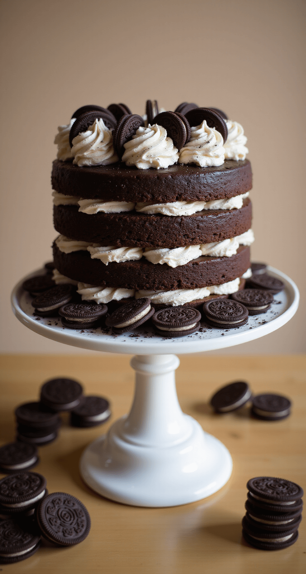OREO CAKE: THE ULTIMATE COOKIES AND CREAM DESSERT EXPERIENCE A three-layer chocolate cake on a white ceramic stand, decorated with white Oreo buttercream, crushed Oreos cascading down the sides, and whole Oreos on top, in warm studio lighting.