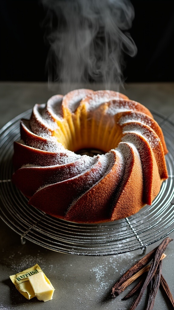 Perfect Vanilla Bundt Cake Recipe (Foolproof & Moist) Overhead view of a golden Bundt cake on a cooling rack with steam rising, dusted with powdered sugar and surrounded by vanilla beans and a butter wrapper.