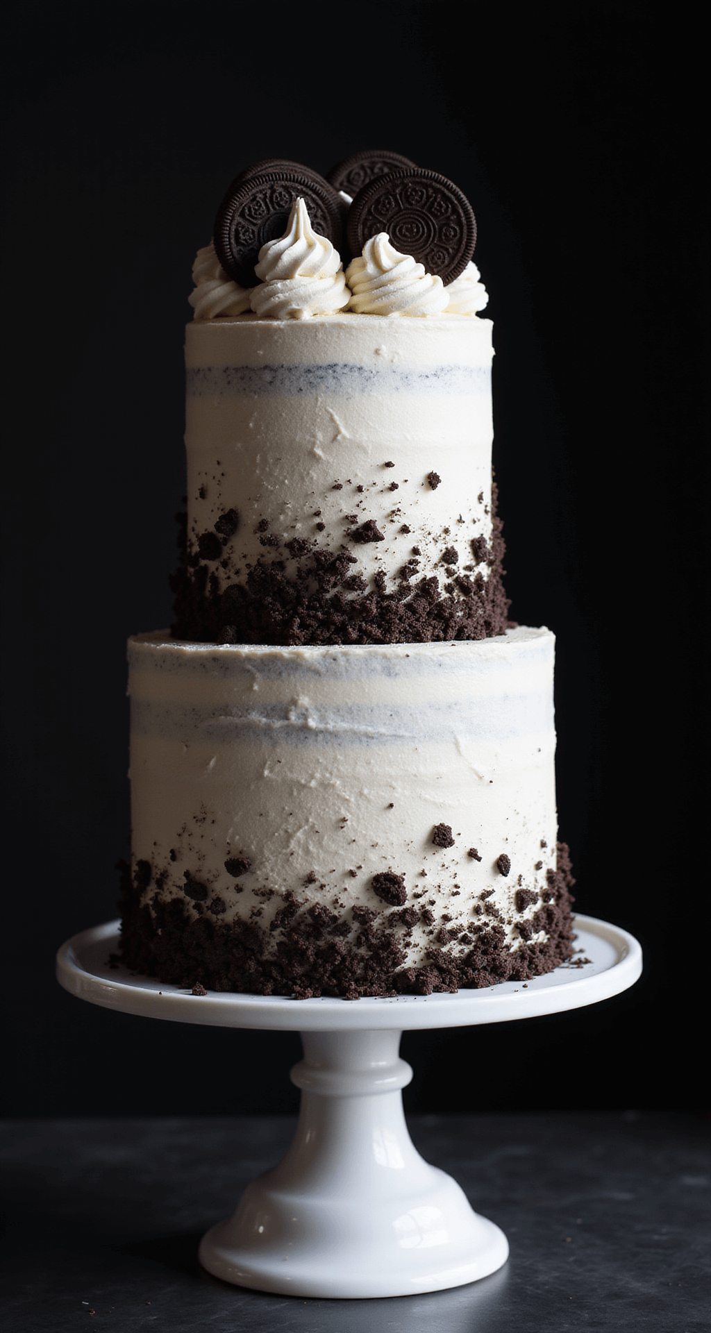 OREO CAKE: The Ultimate Cookies and Cream Dream Three-layer Oreo cake on a white ceramic stand, adorned with swirls of Oreo buttercream and whole Oreos on top, with crushed Oreo pieces along the sides.
